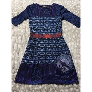Desigual Metallic Sheen Geometric Print Dress Colorful Bohemian Womens Small